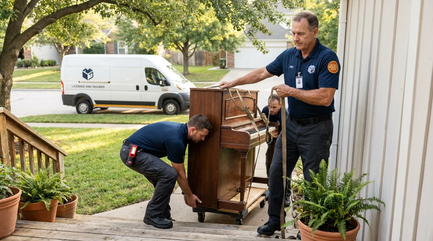 Licensed piano movers securing grand piano in Manahawkin, NJ