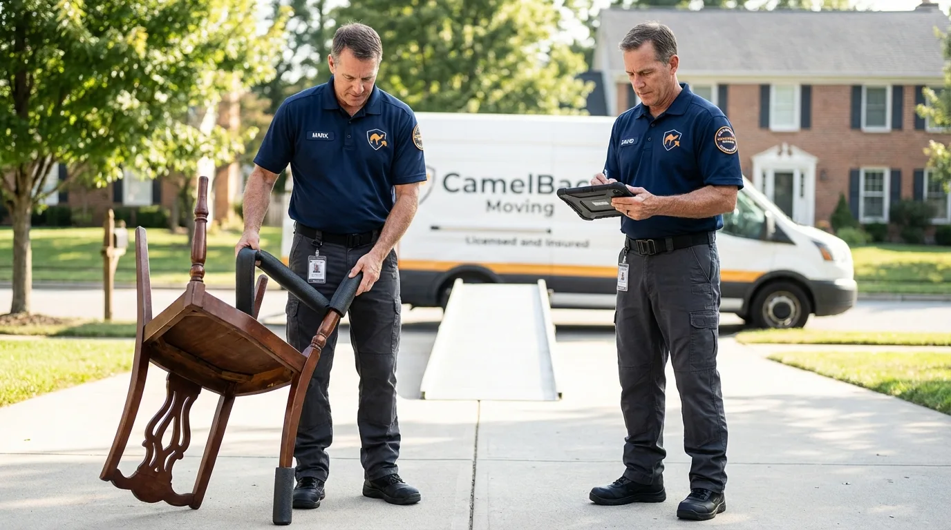 Movers inspecting furniture for damage prevention before loading in Manahawkin, NJ