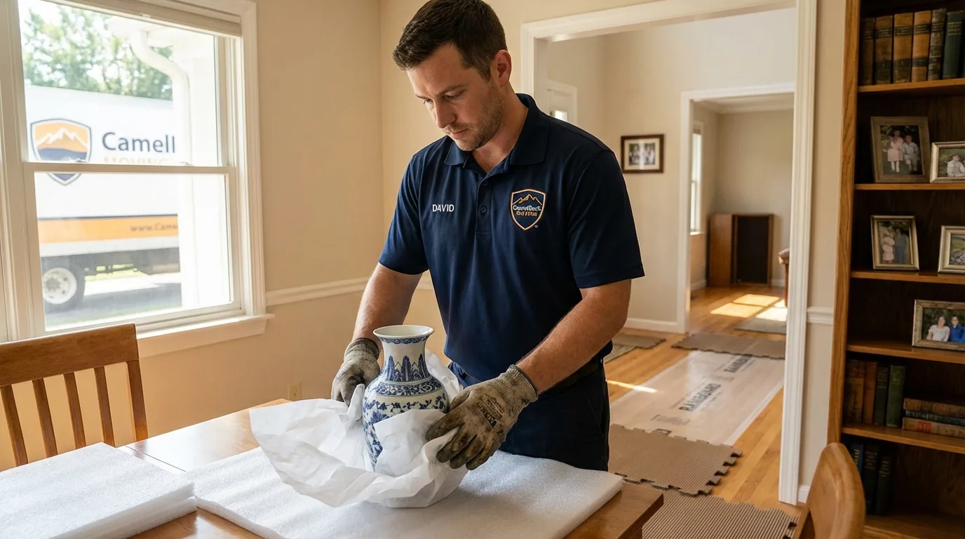 Professional crew carefully wrapping antique vase for senior downsizing move in Manahawkin, NJ